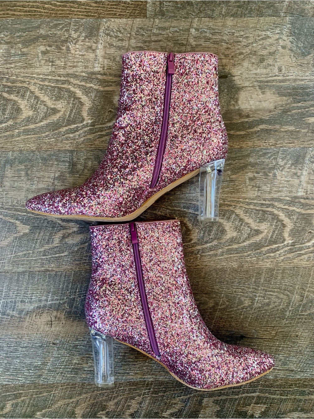 Allegra K Glitter Block Heel Ankle Boots - Pink